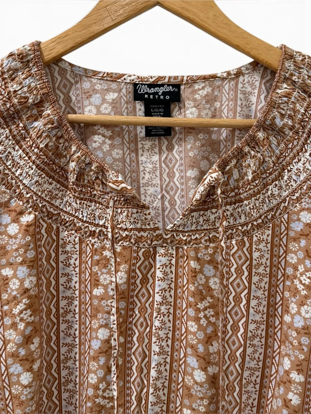Wrangler Retro Floral Stripe Crop Top Peasant Rayon Boho Western Blouse Large - Picture 3 of 9